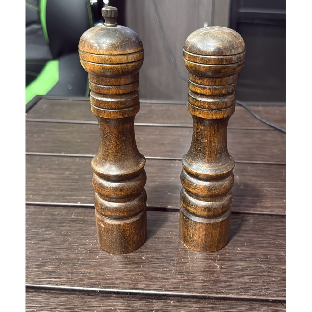 Vintage made in Japan Himark Dark Wood Salt Shaker &‎ Pepper Mill Set, 7" Tall